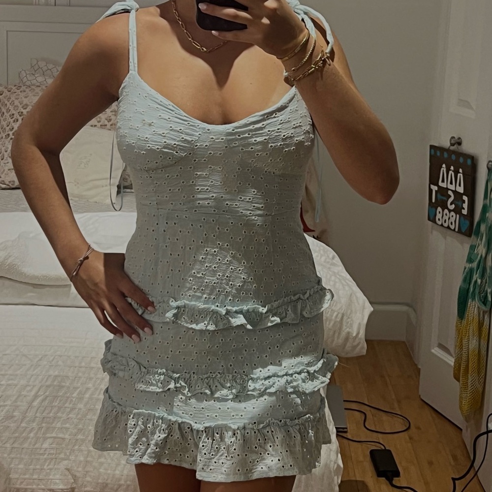 Lost + Wander Light Blue with White Eyelet Detail Mini Dress